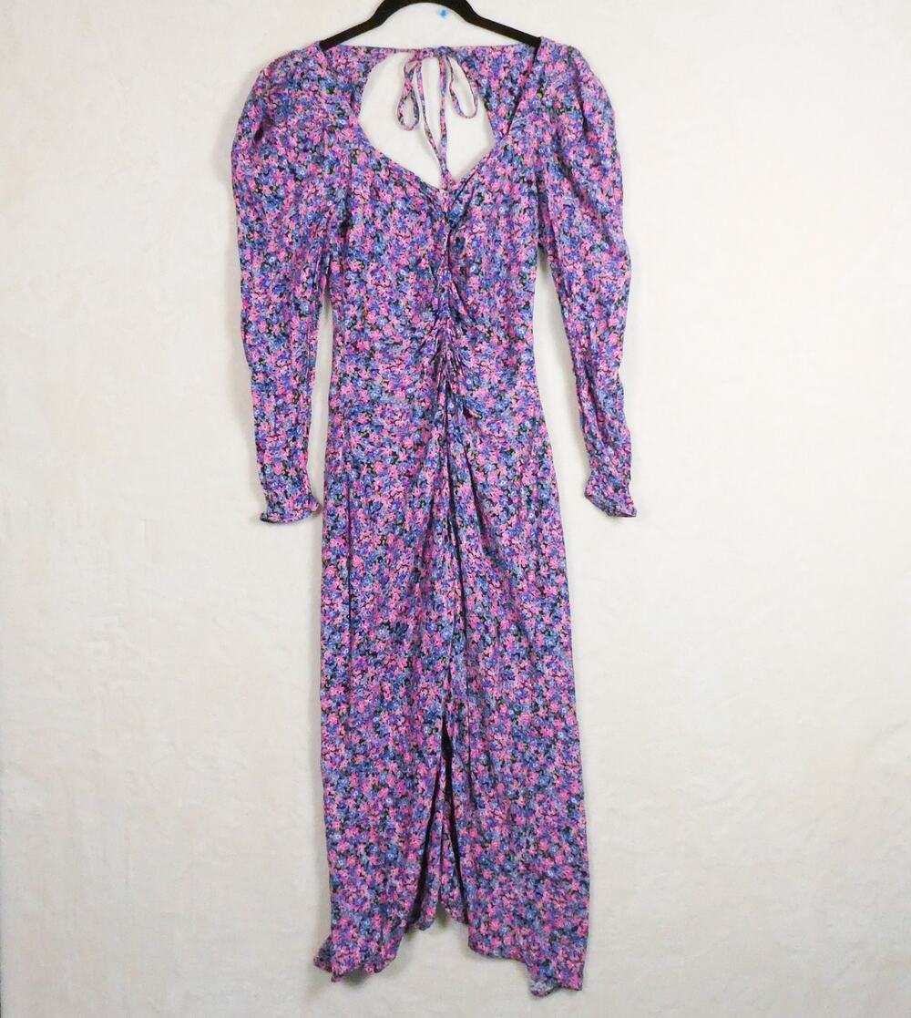 ZARA Ruched Floral Midi Dress Size XS Tie Back Bodycon Pink Blue 80s Long Sleeve